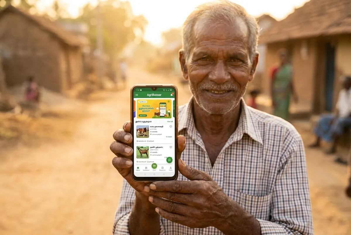 A farmer holding a phone showing the Kattutharai app