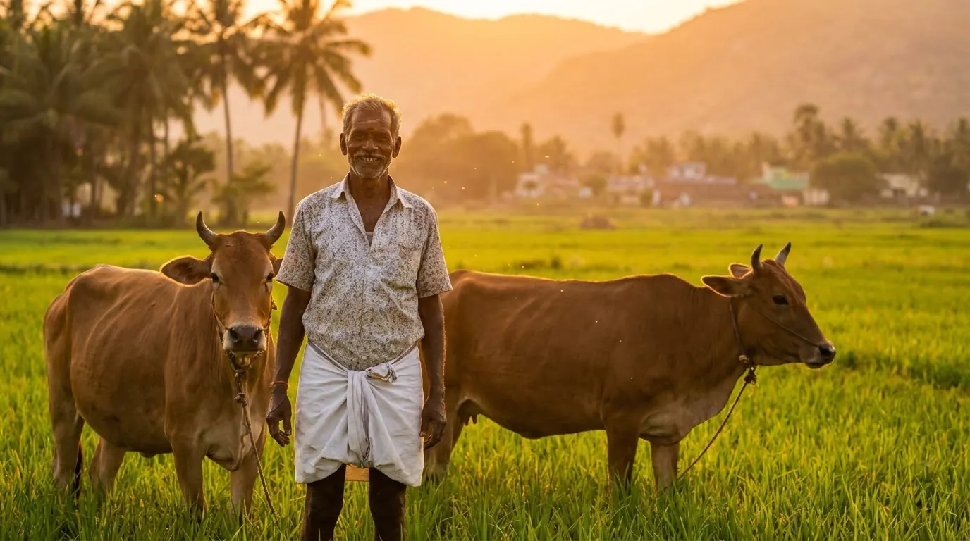 A Tamil Nadu farmer standing with his cattle in a green field at golden hour