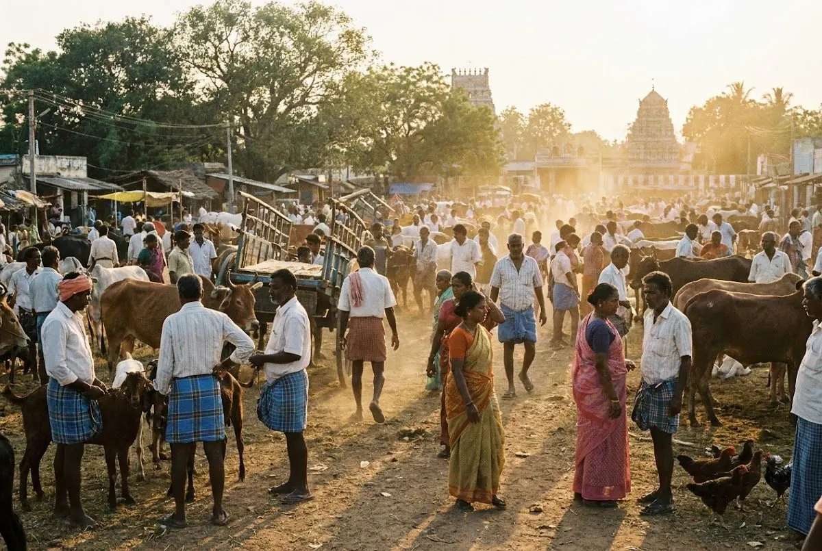 Farmers with cattle at a Tamil Nadu village market