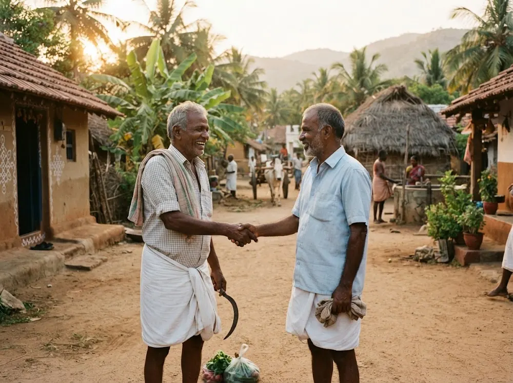 Two farmers meeting and shaking hands at a village market