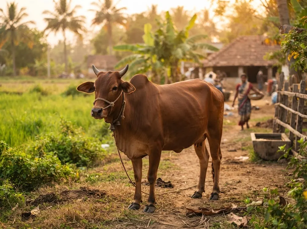 A healthy cow on a rural Tamil Nadu farm