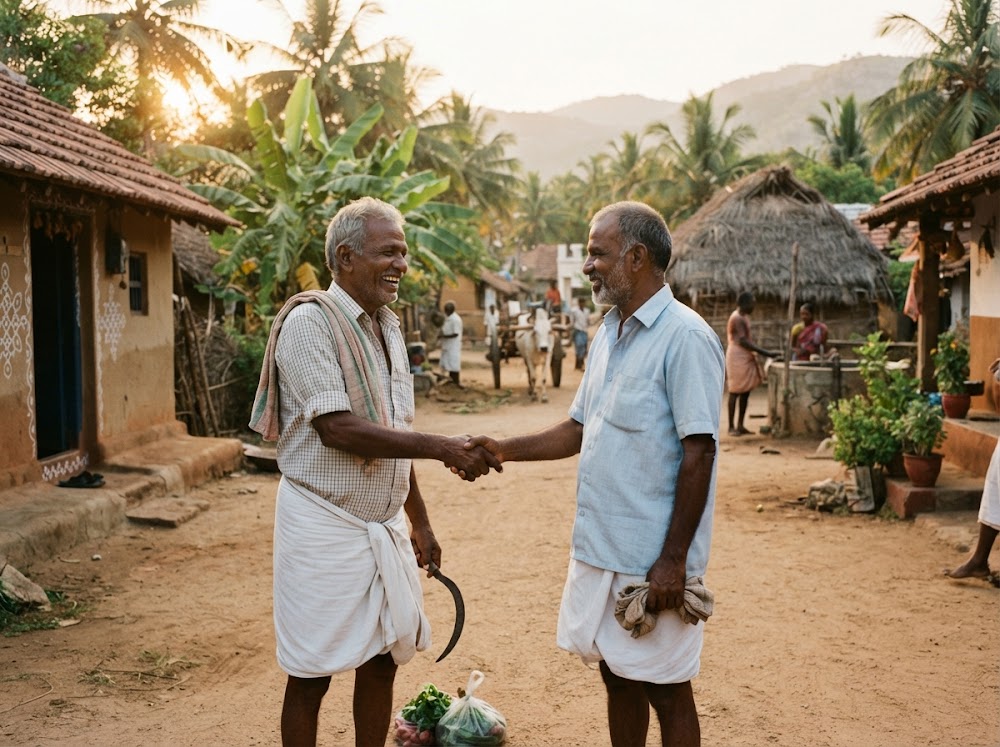 Two farmers meeting and shaking hands at a village market